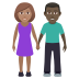 👩🏽‍🤝‍👨🏿 woman and man holding hands: medium skin tone, dark skin tone display on JoyPixels